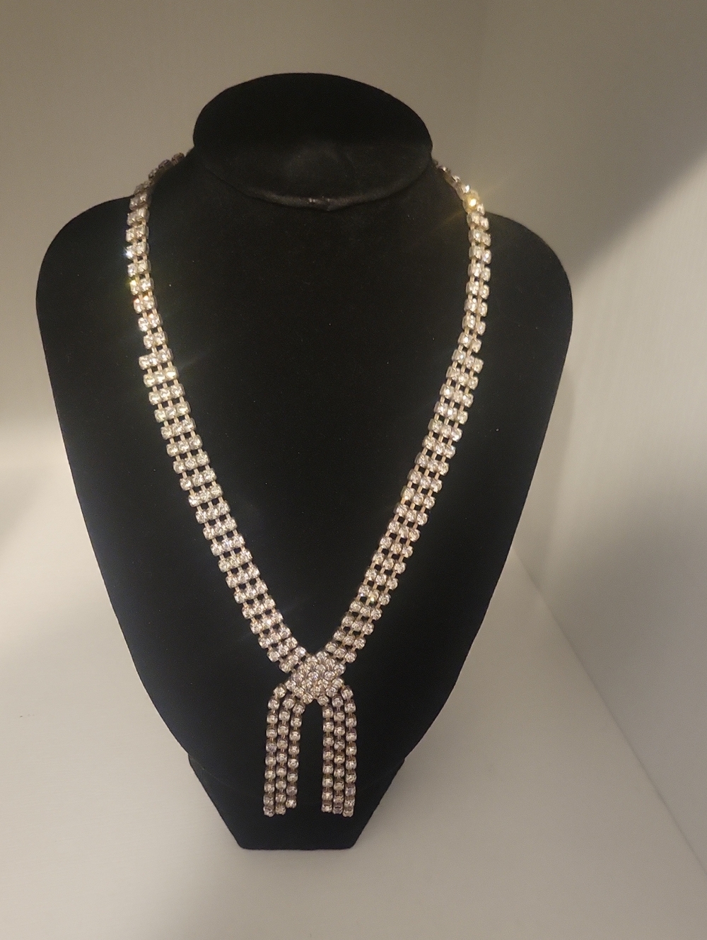 Silver Crystal Tassel Necklace - Sparkling Knot Design